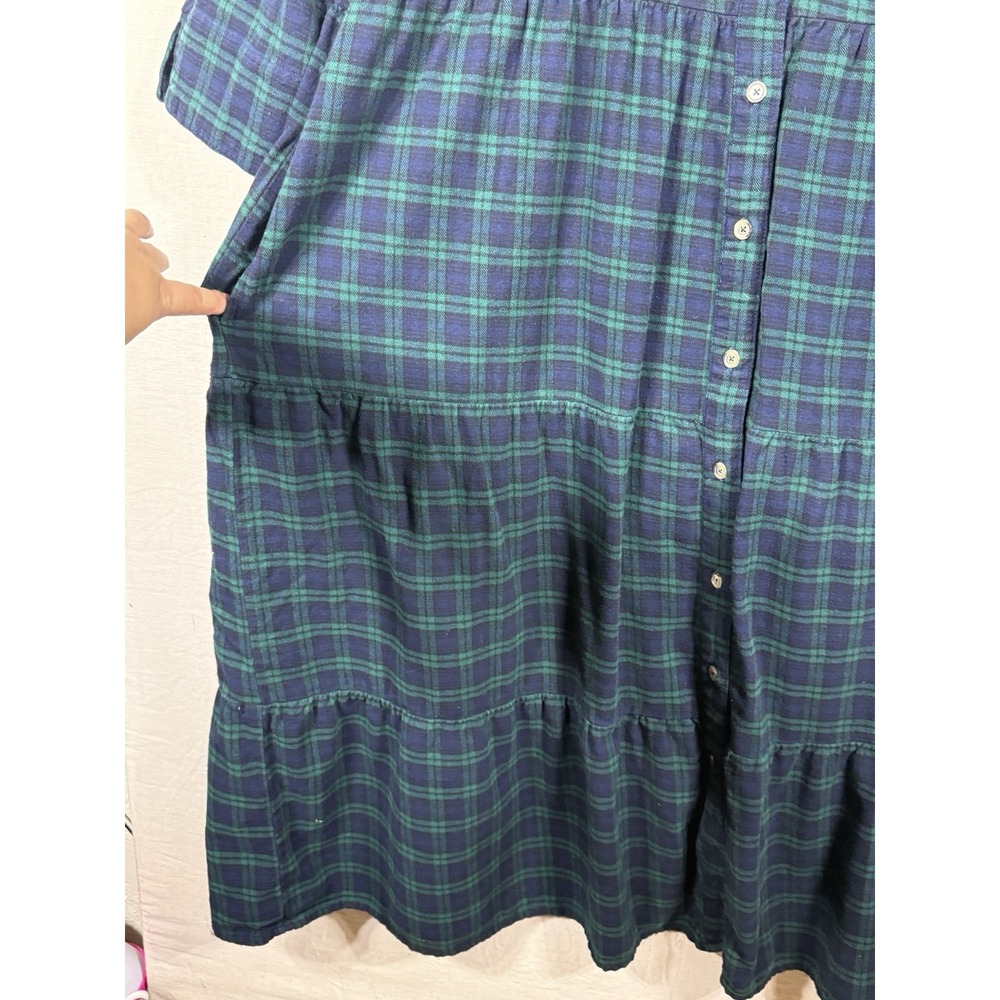 Vermont Country Store 1X Plaid Flannel Shirt Dress Cotton Tiered Pockets Blue - Picture 9 of 13